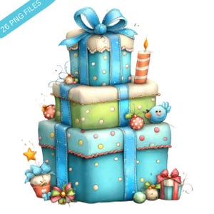 Può includere: Una pila di scatole regalo colorate nei toni del blu, verde e bianco, decorate con pois, nastri e fiocchi. Una candela accesa e piccoli elementi decorativi come un uccello e una stella completano il design festivo. L'immagine include il testo "26 PNG FILES".