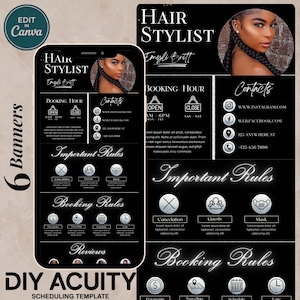 May include: A black and white digital template for a hair stylist, with the text "Hair Stylist Emyli Britt" and booking details. Includes social media contact information and important rules. Designed for DIY scheduling.