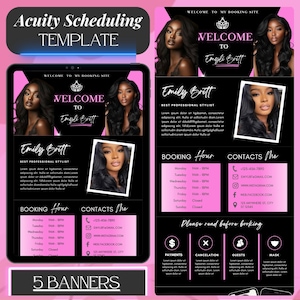 May include: Acuity Scheduling Template with 5 banners. The design features a black and pink color scheme with images of a woman with long dark hair. Text includes "Welcome to my booking site" and "Emily Britt, Best Professional Stylist."