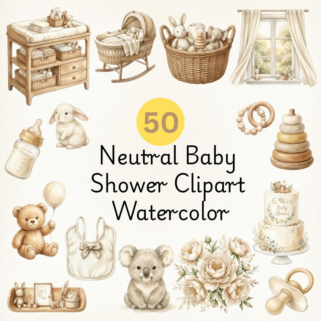 Neutral Baby Shower Clipart, Watercolor Nursery Graphics, Beige Animals ...