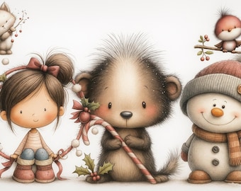 Whimsical Christmas Clipart Bundle, Holiday PNG (Digital Download)