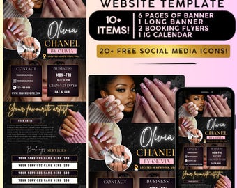 May include: Acuity Scheduling website template with multiple pages, banners, and flyers. The design features images of manicured nails and the text "Olivia Chanel" with contact and business information. Includes over 20 social media icons.