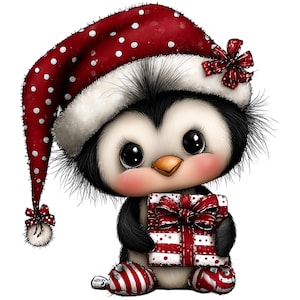 May include: A cute cartoon penguin wearing a red and white polka dot Christmas hat and holding a wrapped gift with a red bow. The penguin has large, expressive eyes and is wearing red and white striped booties.