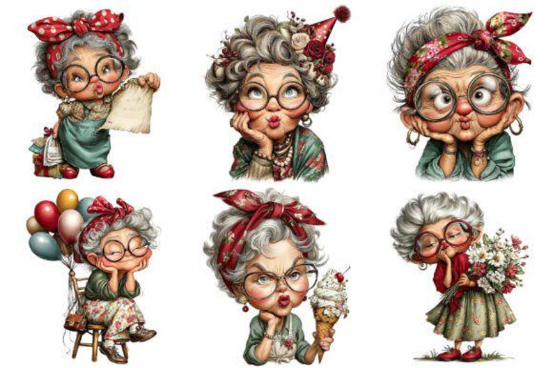 Funny Grandma Birthday Clipart Bundle, Vintage Granny PNG (digital ...