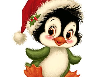 Christmas Penguin Clipart, Vintage Holiday Graphics (Digital Download)