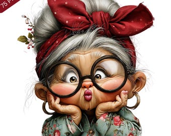 Surprised Granny Birthday Clipart, Red Polka Dot Bow Graphics, Senior Clip Art (Digital Download)