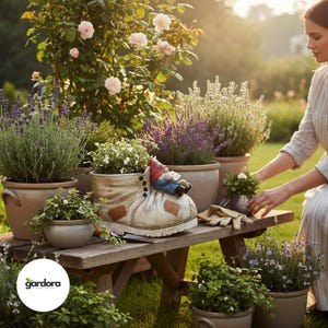 Peut inclure: Scène de jardin avec diverses plantes en pot, dont de la lavande et des roses. Un pot en forme de botte fantaisiste contient de la verdure, avec une figurine de gnome perchée dessus. Une femme s'occupe des plantes sur un banc en bois, créant un cadre extérieur serein.