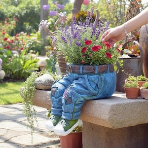 Blue Jeans Garden Planter - Resin Denim Pants Flower Pot for Outdoor Decor