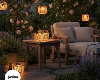 Farol solar de bambú tejido para jardín - Luces decorativas cálidas para patio, caminos y mesas, lámpara colgante para exteriores