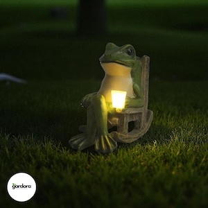 Solar Frog Garden Light Statue For Garden Decor | Frog On Rocking Chair Holding Lantern | Outdoor Solar Powered LED Decorations For Patio