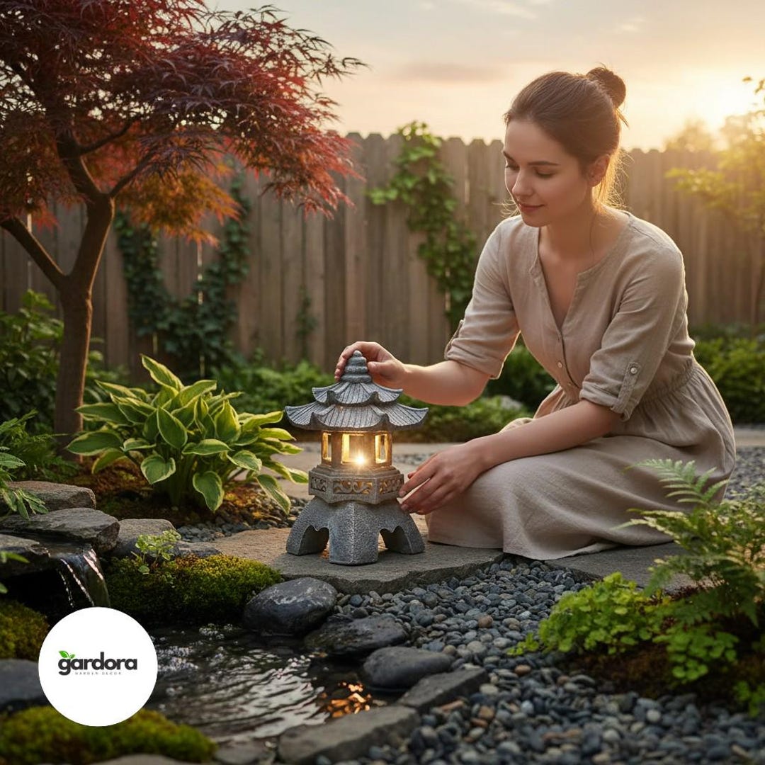 Solar Japanese Lantern - Stone Effect Pagoda Garden Light for