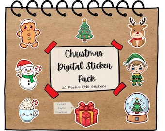Op de afbeelding: Een verzameling digitale kerststickers op een bruine achtergrond. De stickers bevatten een peperkoekman, kerstboom, rendier, sneeuwpop, elf, sneeuwbol, cadeau en een kopje warme chocolademelk. Tekst: "Christmas Digital Sticker Pack".