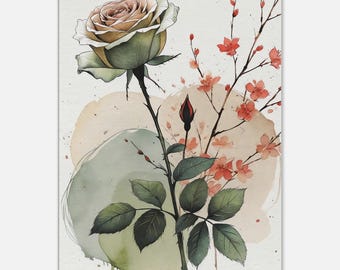 Watercolor Rose Wall Art, Cherry Blossom Canvas Print, Botanical Art, Floral Poster, Vintage Flower Decor, Boho Living Room Picture