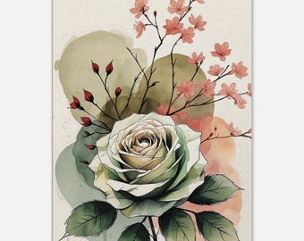 Watercolor Rose Wall Art, Cherry Blossom Canvas Print, Botanical Art, Floral Poster, Vintage Flower Decor, Boho Living Room Picture