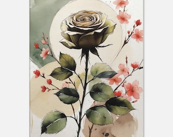 Watercolor Rose Wall Art, Cherry Blossom Canvas Print, Botanical Art, Floral Poster, Vintage Flower Decor, Boho Living Room Picture