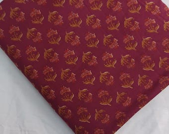 Tela de algodón color vino morado / Tela india con estampado floral pequeño