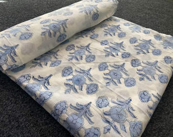 Tela de algodón estampada a mano con bloques de madera / Estampado floral azul