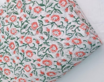 Ribete de tela de algodón estampado a mano con bloques / Estampado floral Jaipuri en verde y coral / Ribete artesanal