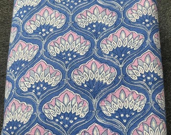 Tela de algodón estampada a mano con bloques / Textil indio floral azul y rosa cortado a medida