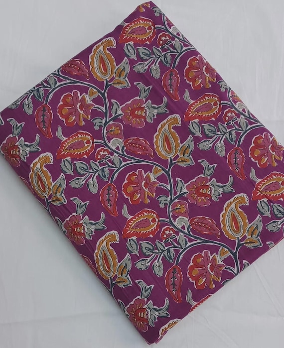Purple Cotton Sanganeri Fabric, Paisley Floral Hand Block Print Textile