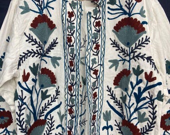 Hand Embroidered Cotton Jacket | Vintage Suzani Style Floral Jacket | Gift for Her