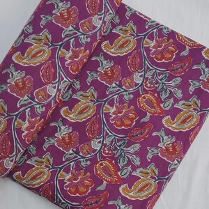 Purple Cotton Sanganeri Fabric, Paisley Floral Hand Block Print Textile image 2