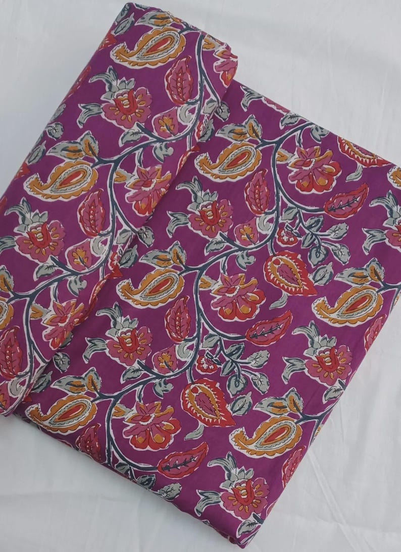 Purple Cotton Sanganeri Fabric, Paisley Floral Hand Block Print Textile image 2