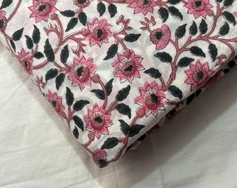 Hand Block Print Floral Cotton Fabric | Pink Vine Textile for Sewing