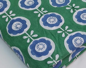 Green & Blue Floral Hand Block Print Fabric – Indian Cotton Yardage, Traditional Buta Pattern