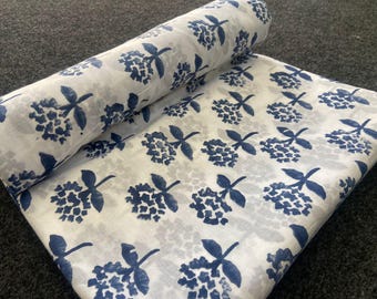 Hand Block Printed Cotton Fabric | Blue Floral Yardage, Upholstery, Sewing, Quilting