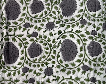 Hand-Block Printed Botanical Fabric | Blackberry Vine Pattern in Charcoal | Green on Soft White Cotton