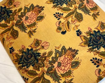 Tela de algodón amarilla / Tela floral con estampado de bloques a mano