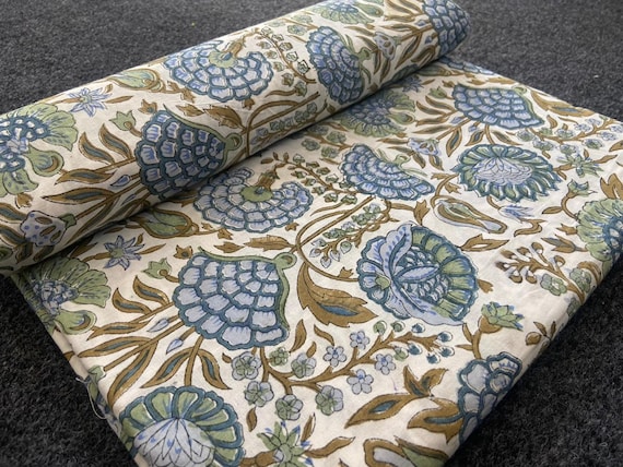 Indian Hand Block Print Cotton Fabric – Blue Green Floral Jaipuri Print Textile