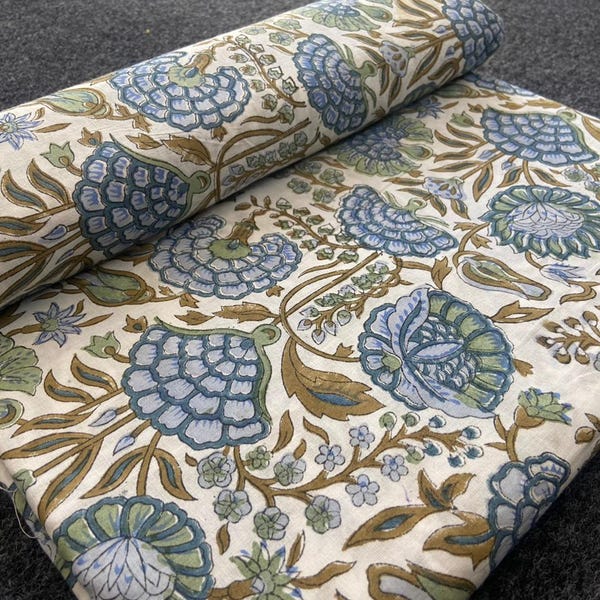 Tela de algodón estampada a mano con bloques – Estampado floral Jaipuri en azul y verde