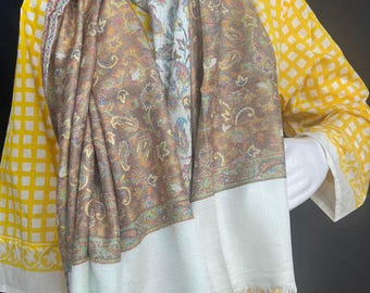 Beige Pashmina Shawl with Soft Fringe | Lightweight Kashmiri Style Stole | Reversible shawl for Women | Boho Scarf