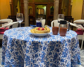 Hand Block Print Round Tablecloth | Blue Floral Cotton, Boho Decor