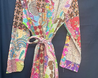 Vintage Patchwork Kantha Robe | Handmade Cotton Kimono Robe | Boho Quilted Lounge Wear