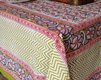 Mantel de algodón con estampado a mano / Mantel indio floral con borde / Regalo para ella