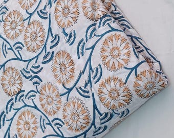 Tela de algodón estampada a mano con bloques – Estampado floral azul Jaipuri / Textil artesanal indio para vestidos
