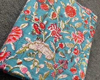 Tela de algodón estampada a mano con bloques / Estampado floral azul / Diseño de granada / Estampado indio Sanganeri