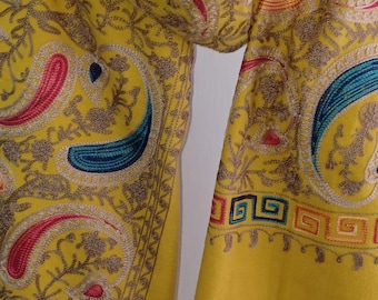 Chal de pashmina de cachemira de lujo, bufanda bordada con cachemira amarilla, chal estilo cachemir hecho a mano.
