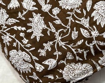 Hand Block Print Floral Cotton Fabric | Brown & White Botanical Textile | Indian Handcrafted Yardage