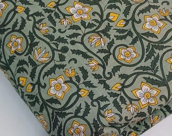 Tela de algodón estampada a mano con bloques / Textil Jaipuri con estampado floral verde y amarillo, cortada a medida.