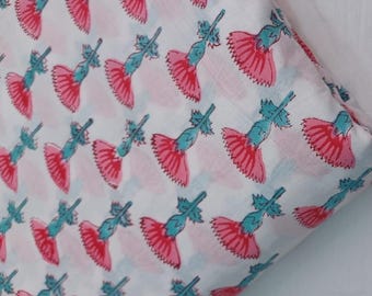 Tela de algodón estampada a mano con bloques / Tela Jaipuri con estampado floral rosa cortada a medida