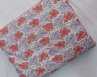 Tela de algodón estampada a mano con bloques – Textil Jaipuri con estampado floral rojo y azul