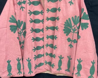 Pink & Green Embroidered Cotton Jacket | Handmade Indian Embroidery Jacket | Artisan Boho Layering Coat