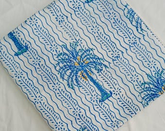 Tela de algodón con estampado de palmeras azules a mano / Algodón indio cortado a medida