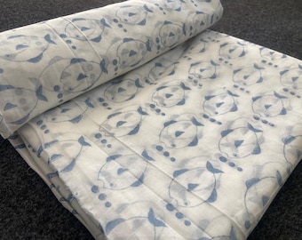 Blue Fish Print Cotton Fabric  |. Ocean Coastal Sewing Material | Jaipuri Textile