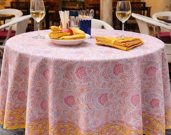 Hand Block Print Cotton Round Tablecloth | Pink Floral Indian Decor