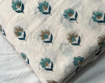 Hand Block Print Cotton Fabric | Blue Beige Floral Ivory | Lightweight Indian Textile by Yard